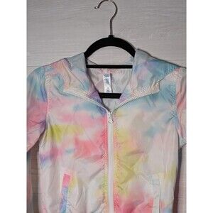 Justice Girls Size 8 Tie Dye Windbreaker Jacket Hooded Pastel Pink Blue Full Zip